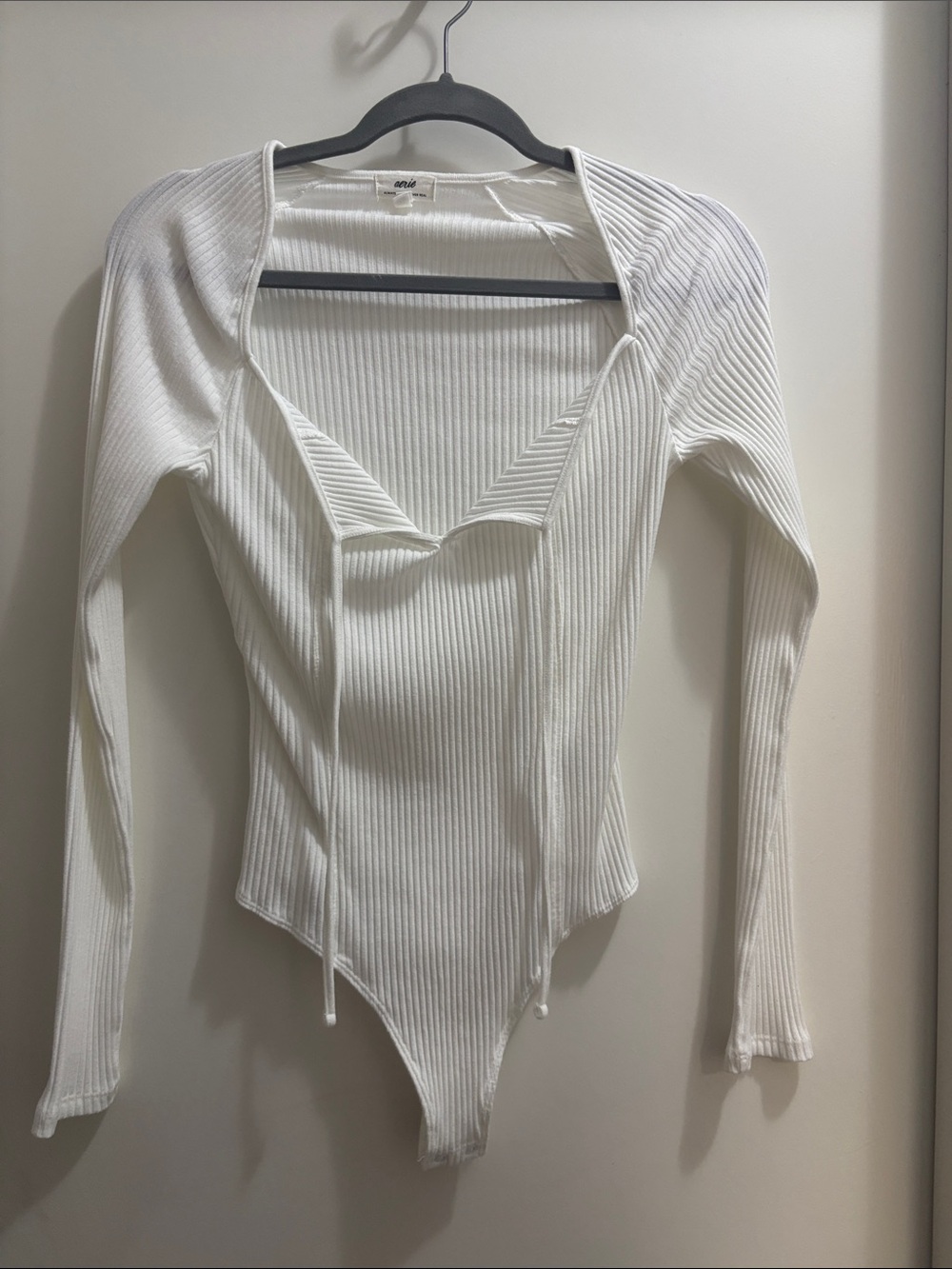 aerie White Ribbed Long-Sleeve Square-Neck Bodysuit